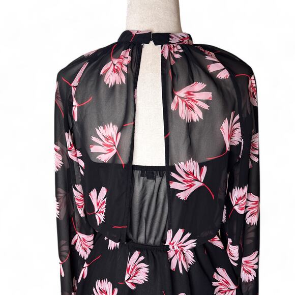 Express Long Sleeve Sheer Floral Pattern Peplum Blouse Black Pink Small - Picture 5 of 8